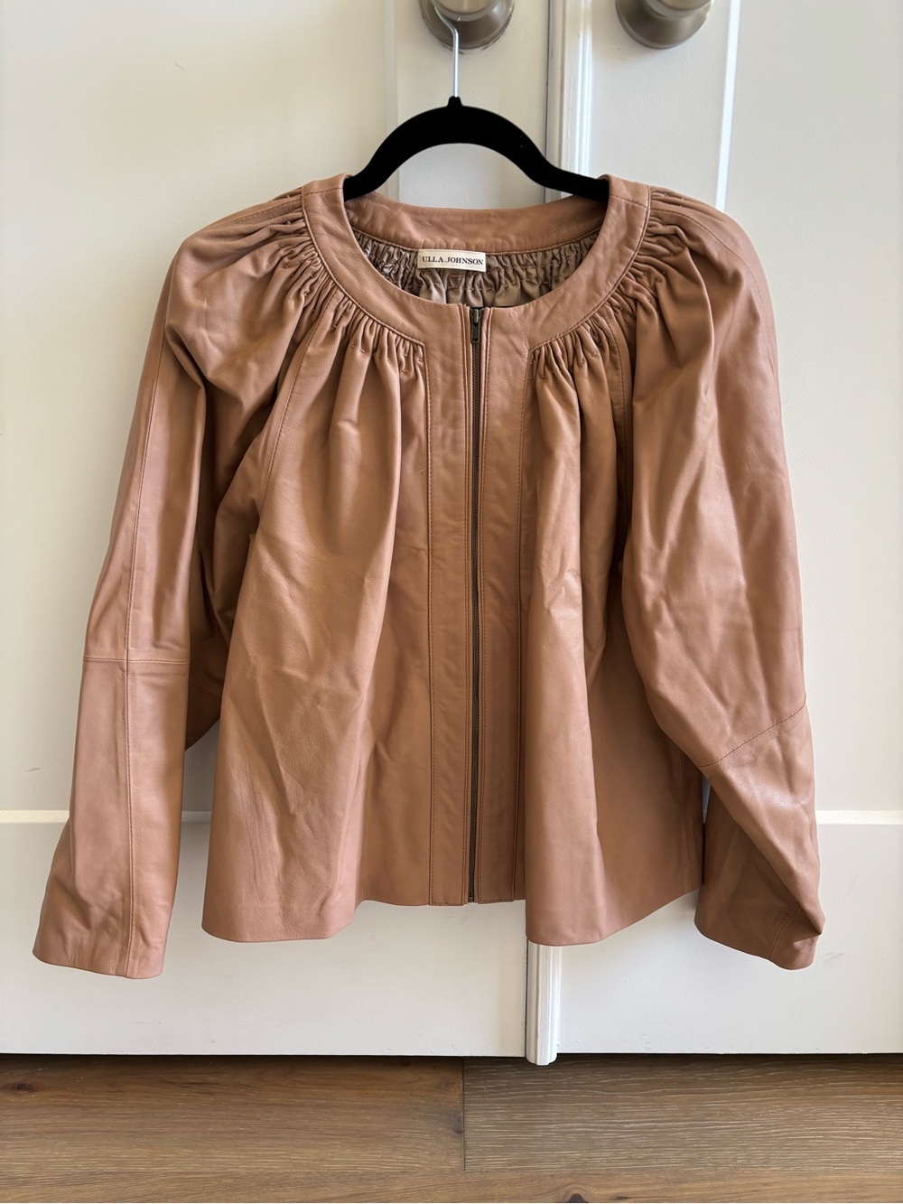 Ulla Johnson Guinevere Cognac Brown Ruched Leather Zip Up Jacket